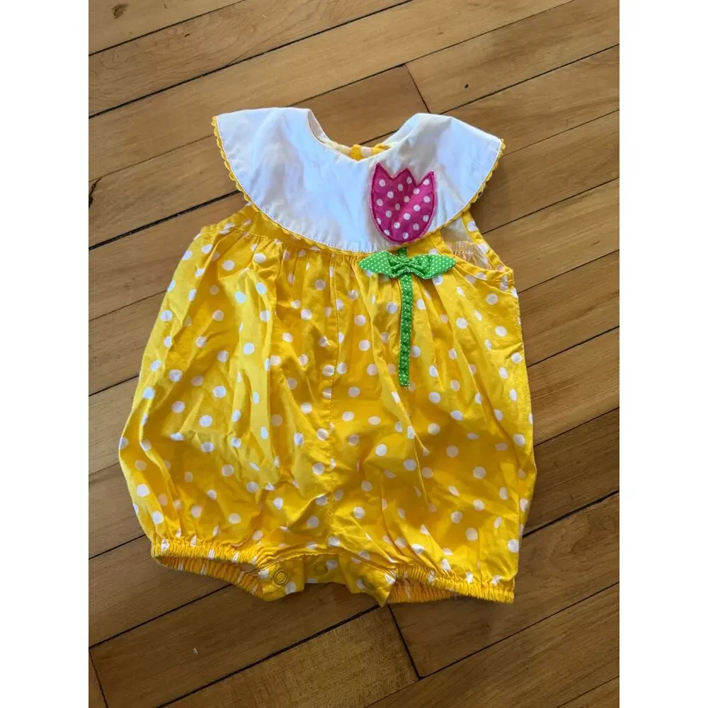 Vintage 90s yellow polka‎ dot romper with tulip